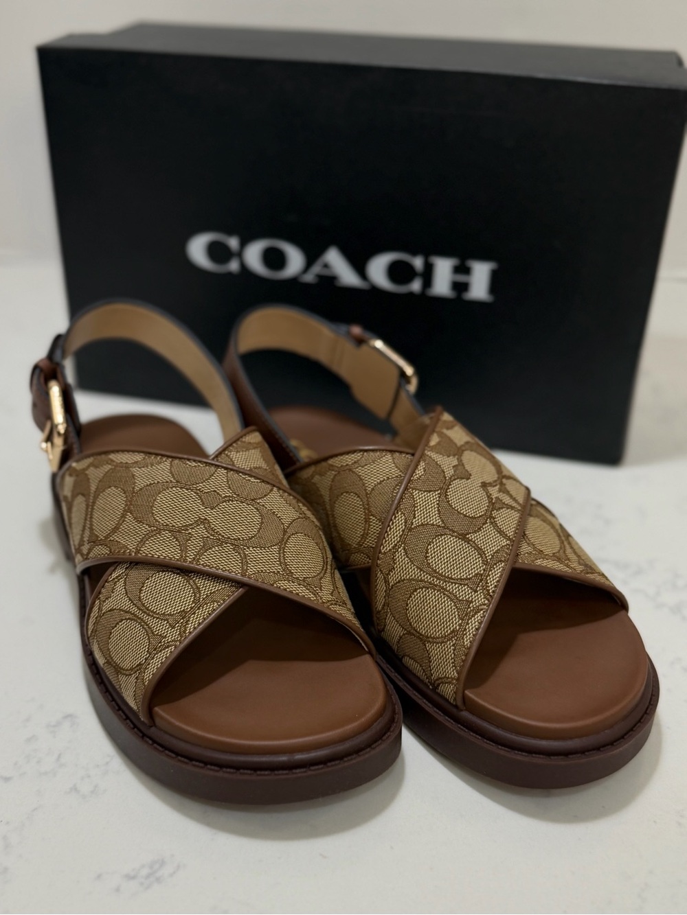 Coach Khaki Signature Canvas & Brown Leather Cross-Strap Sandals - Picture 4 of 14